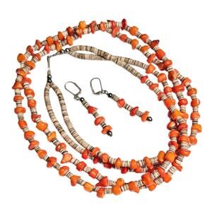 Vintage Double-Strand Orange Coral & Shell Heishi Necklace Set